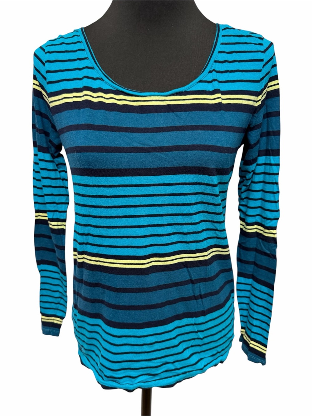 LOFT Women’s M Teal Navy Yellow Striped Long Sleeve Scoop Neck Knit Top